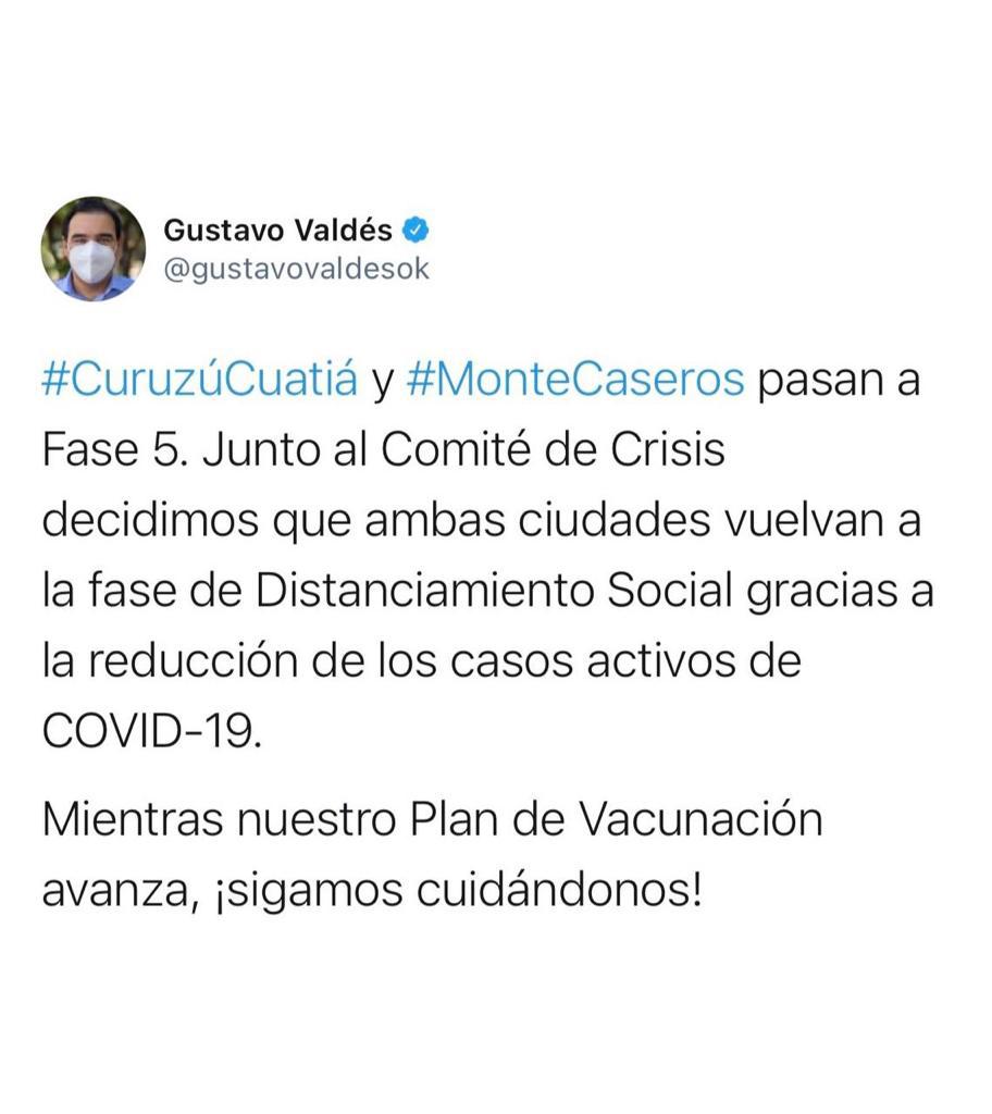 Valdés anunció que Curuzú Cuatiá y Monte Caseros pasan a Fase 5